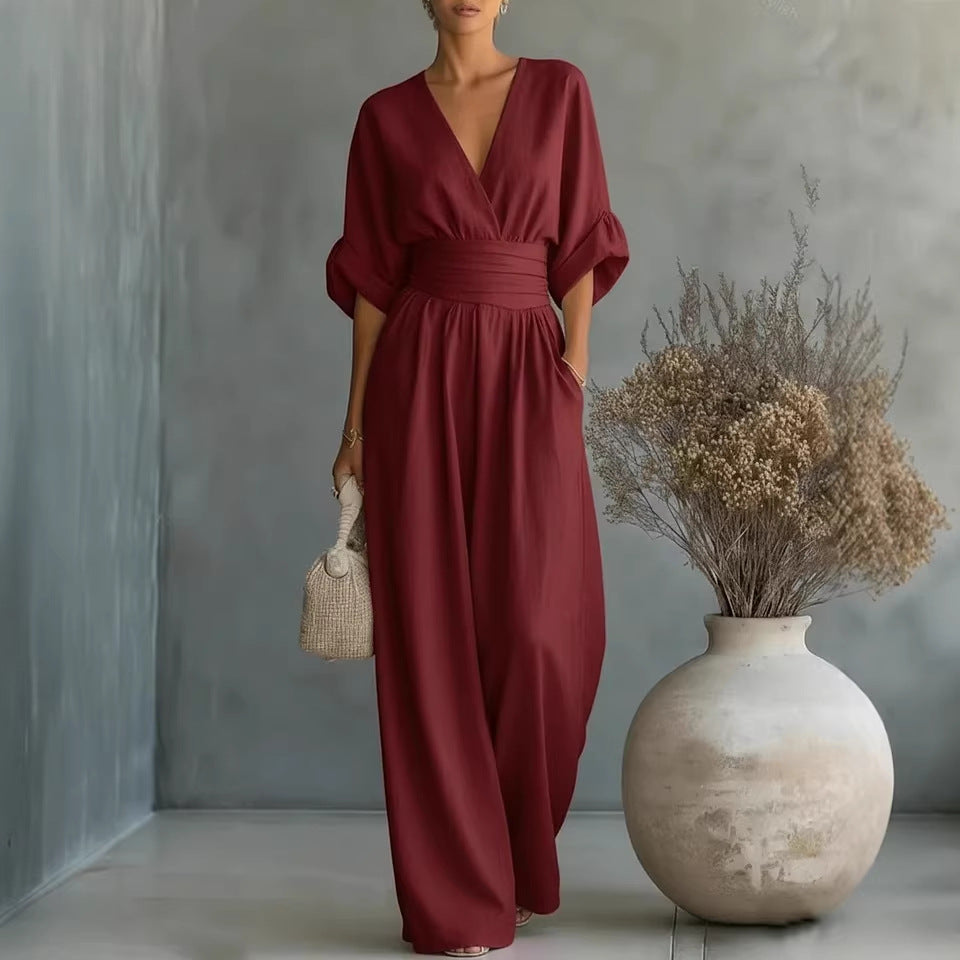 Wide-Leg Jumpsuit Women – V-Neck Cinched Waist Linen-Look Jumpsuit