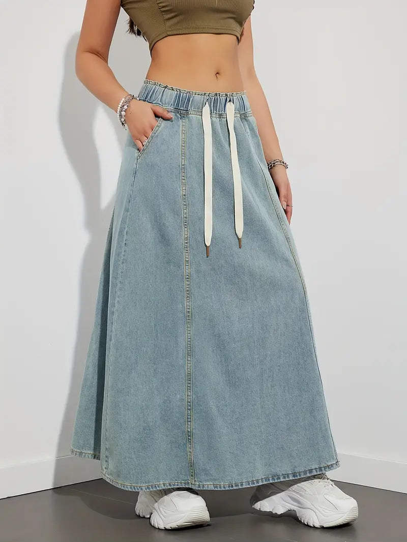 Stilfuld Denim Maxi Nederdel til Dame med Elastisk Talje | Komfortabel Hverdagslook 2