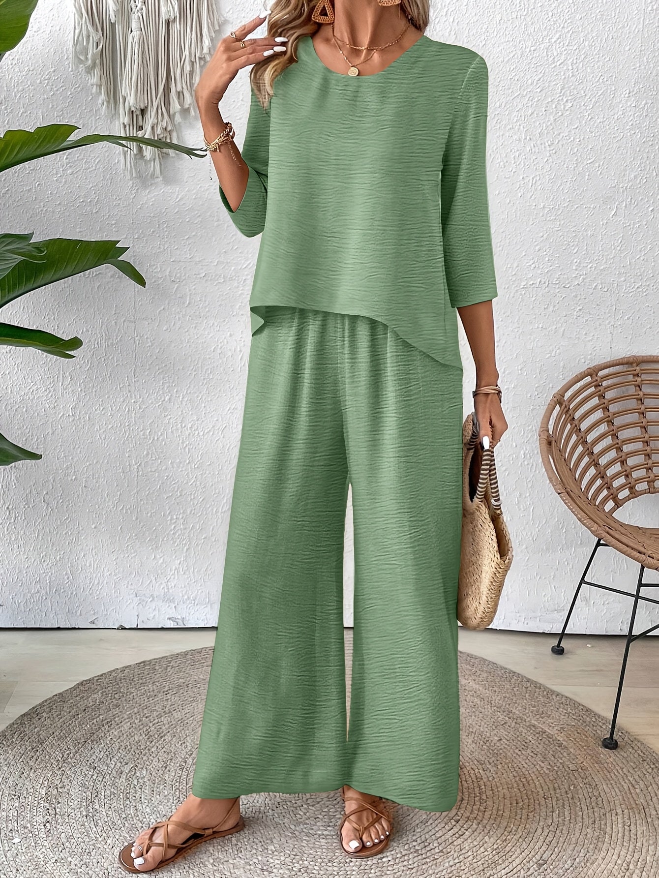 Two-Piece Set Women – 3/4 Sleeve Top & Wide-Leg Pants Vacation Set