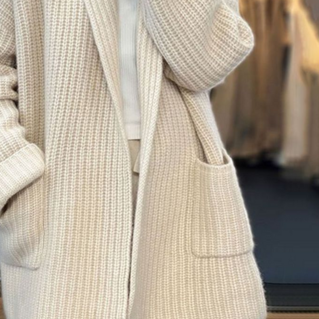 Women's Oversized Wool Cardigan – Ribbed, Pockets