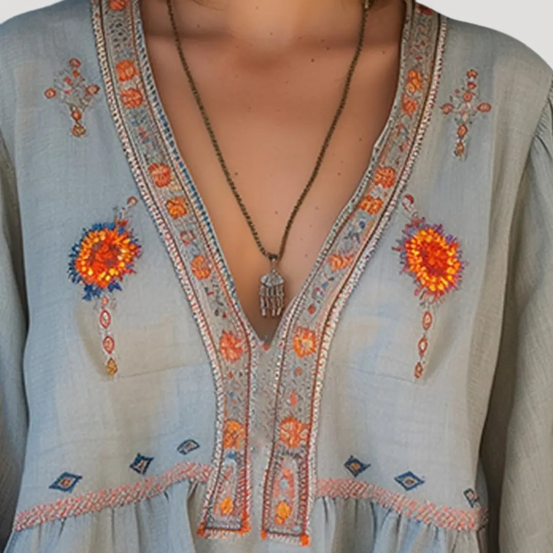 Ingrid Bluse Dame Boho Blomstret Broderi – V-udskæring til Sommer  Panorla