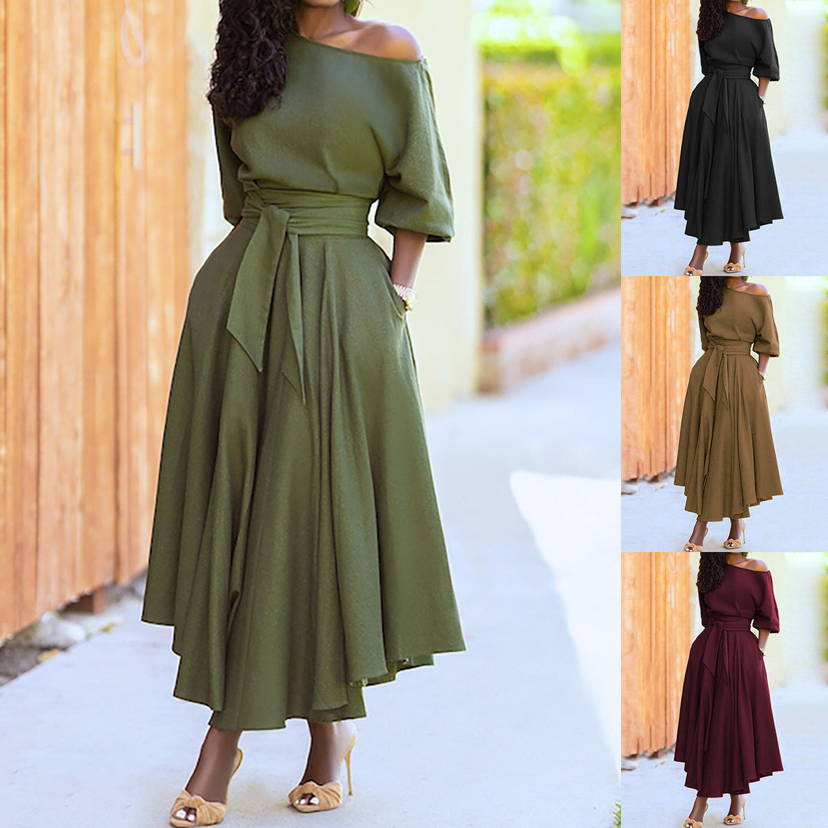 Off-Shoulder Maxikjole Dame – Bindebånd i Taljen
