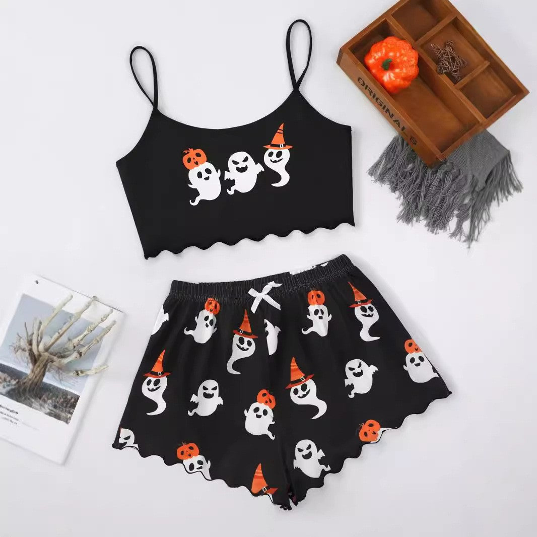 Halloween Pyjamas Dame Sæt – Græskar Print Nattøj med Cami og Shorts