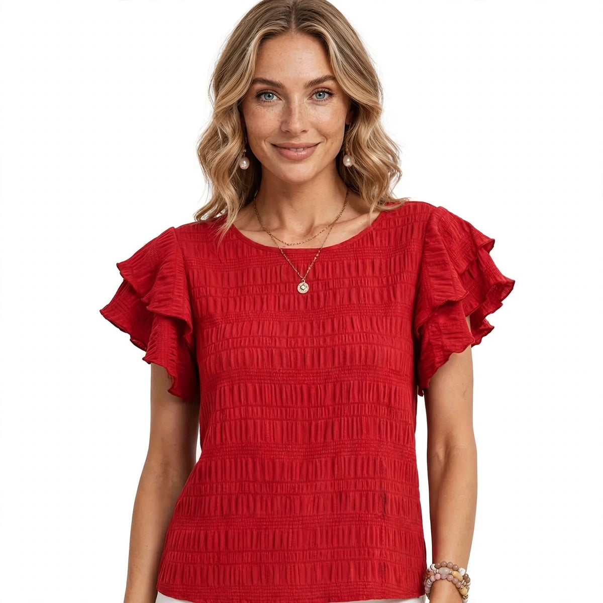 Plisséret Bluse Dame – Rund Hals Bluse med Flæseærmer til Sommer