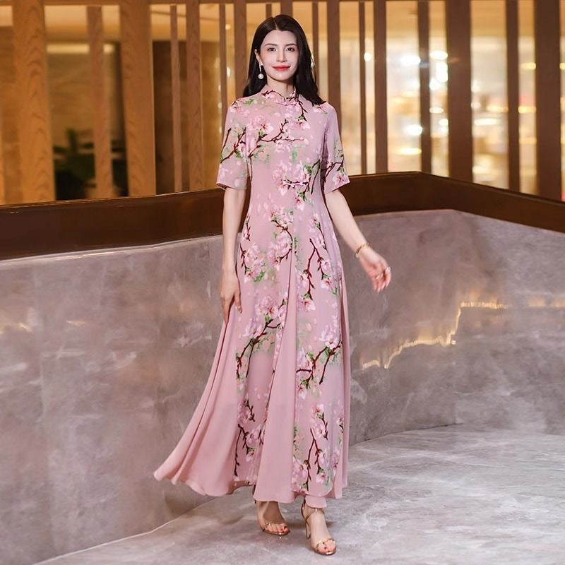 Floral Print Maxi Races Dress Women – Pink