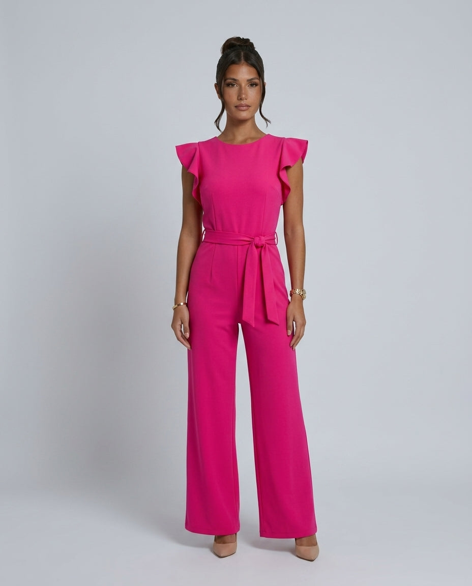 Ruffle Sleeve Jumpsuit Women – Straight Leg Tie Belt Jumpsuit
