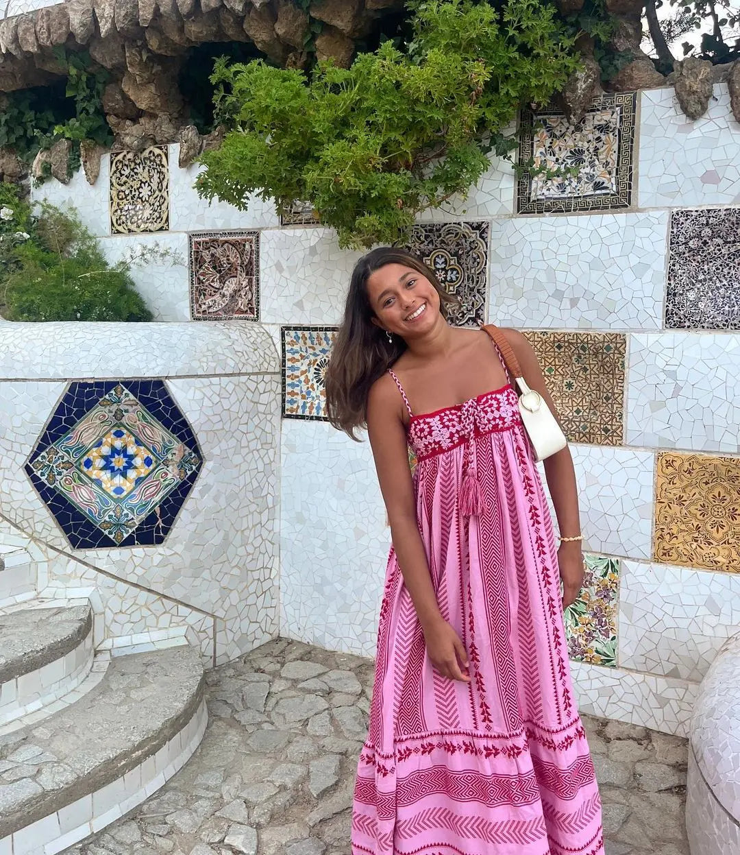 Maxi kjole dame bomuld broderet boho A-linje blomsterprint til sommer  Panorla