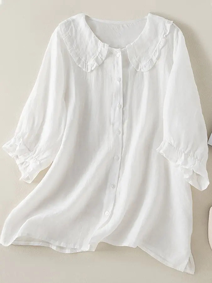 Vera Bluse til Kvinder – Bomuld Hør Peter Pan-krave Frynser Efterår  Panorla