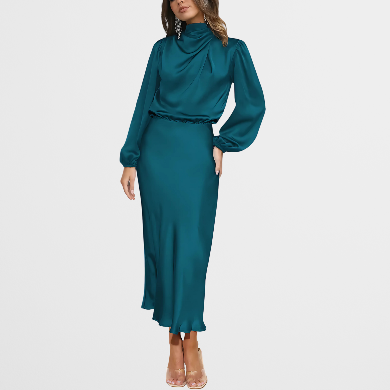 Elegant Midi Kjole med Høj Hals & Lange Ærmer i Satinlook | Perfekt til Festlige Lejligheder 14