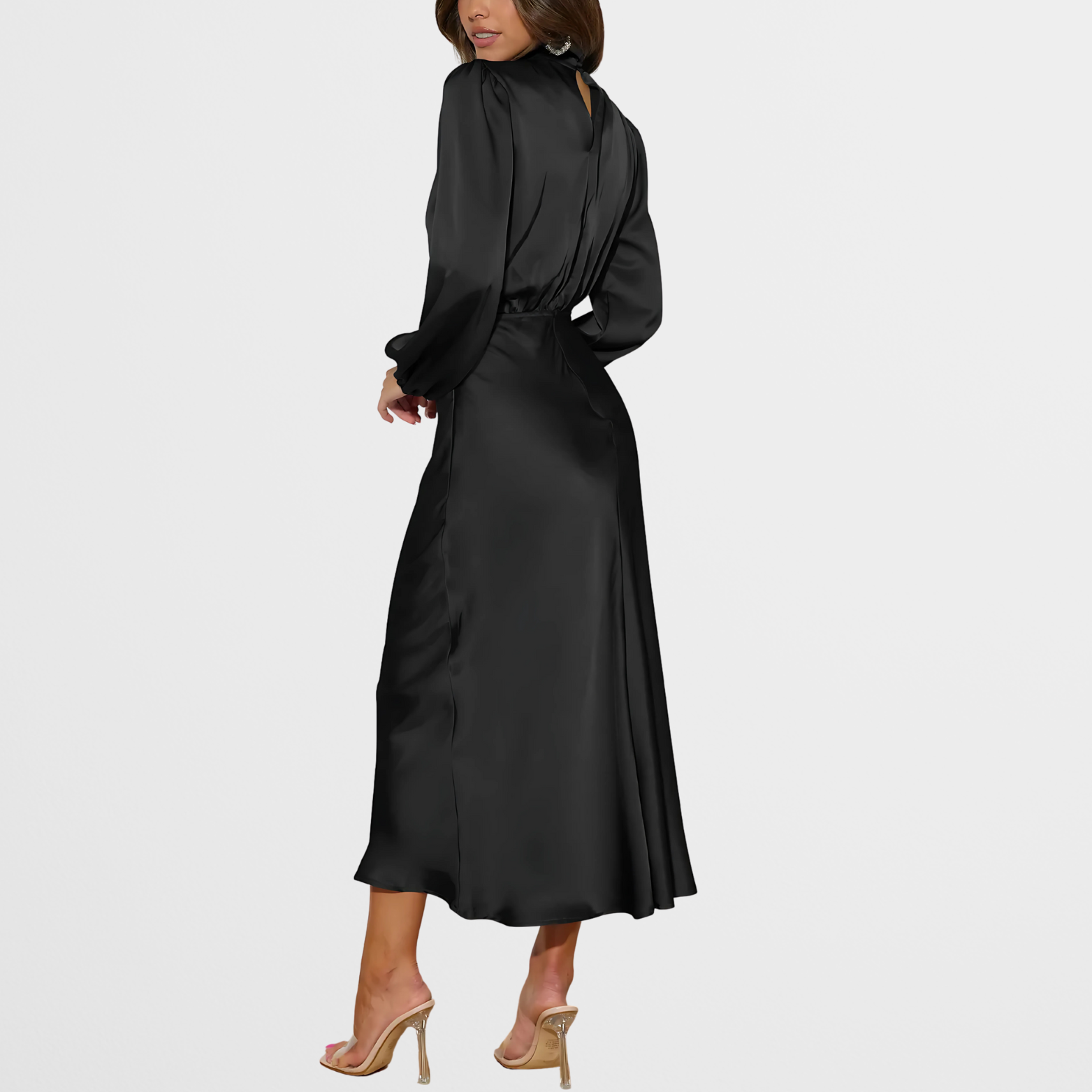 Elegant Midi Kjole med Høj Hals & Lange Ærmer i Satinlook | Perfekt til Festlige Lejligheder 6