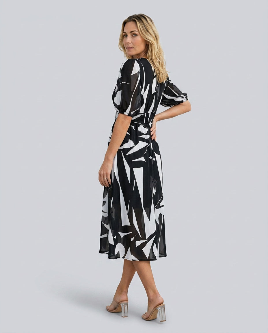 Puff Sleeve Midi Dress Women – V-Neck Pleated Abstract Dress
