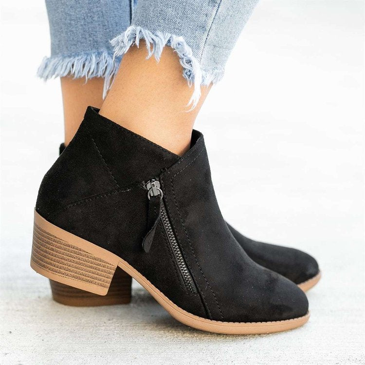 Elva Women's Suede Ankle Boots – Block Heel, Side Zip
