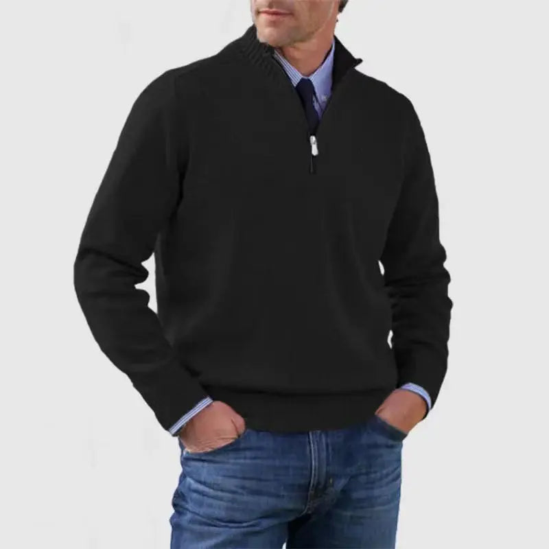 Sweater Herre – Half-Zip Strik med Struktureret Pasform – Varm Komfort Til Daglig Brug - Sort / 4XL