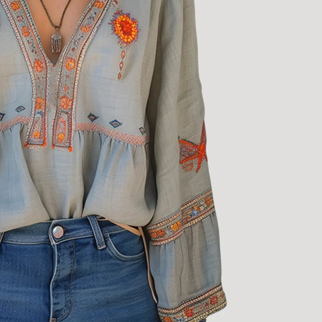 Ingrid Bluse Dame Boho Blomstret Broderi – V-udskæring til Sommer  Panorla