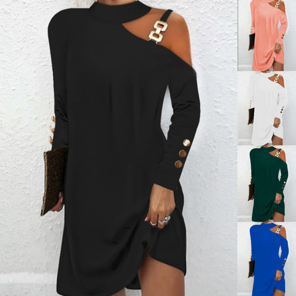 Sukienka Midi Cold Shoulder Damska – Długi Rękaw z Klamrą