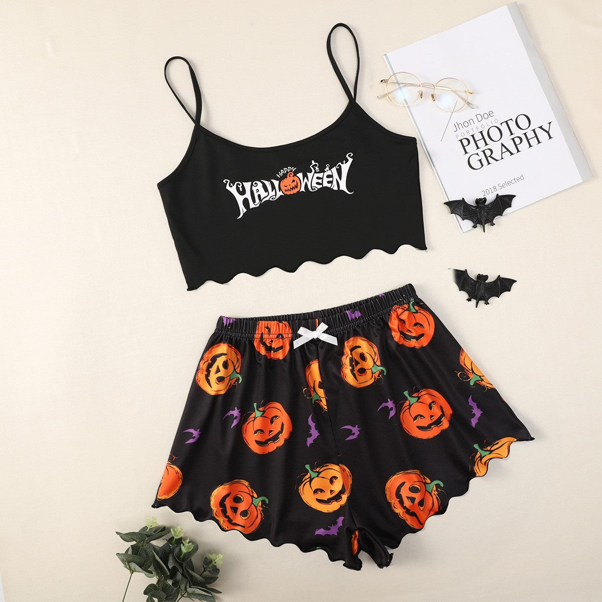Halloween Pyjamas Dame Sæt – Græskar Print Nattøj med Cami og Shorts