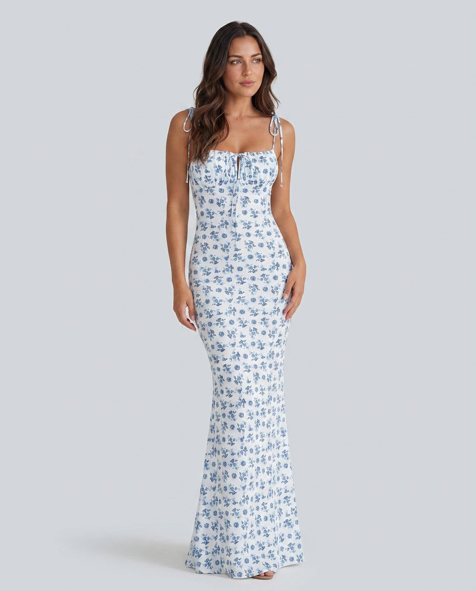 Floral Maxi Dress Women – Sweetheart Neckline Bow Detail
