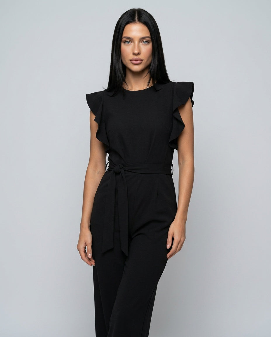 Ruffle Sleeve Jumpsuit Women – Straight Leg Tie Belt Jumpsuit