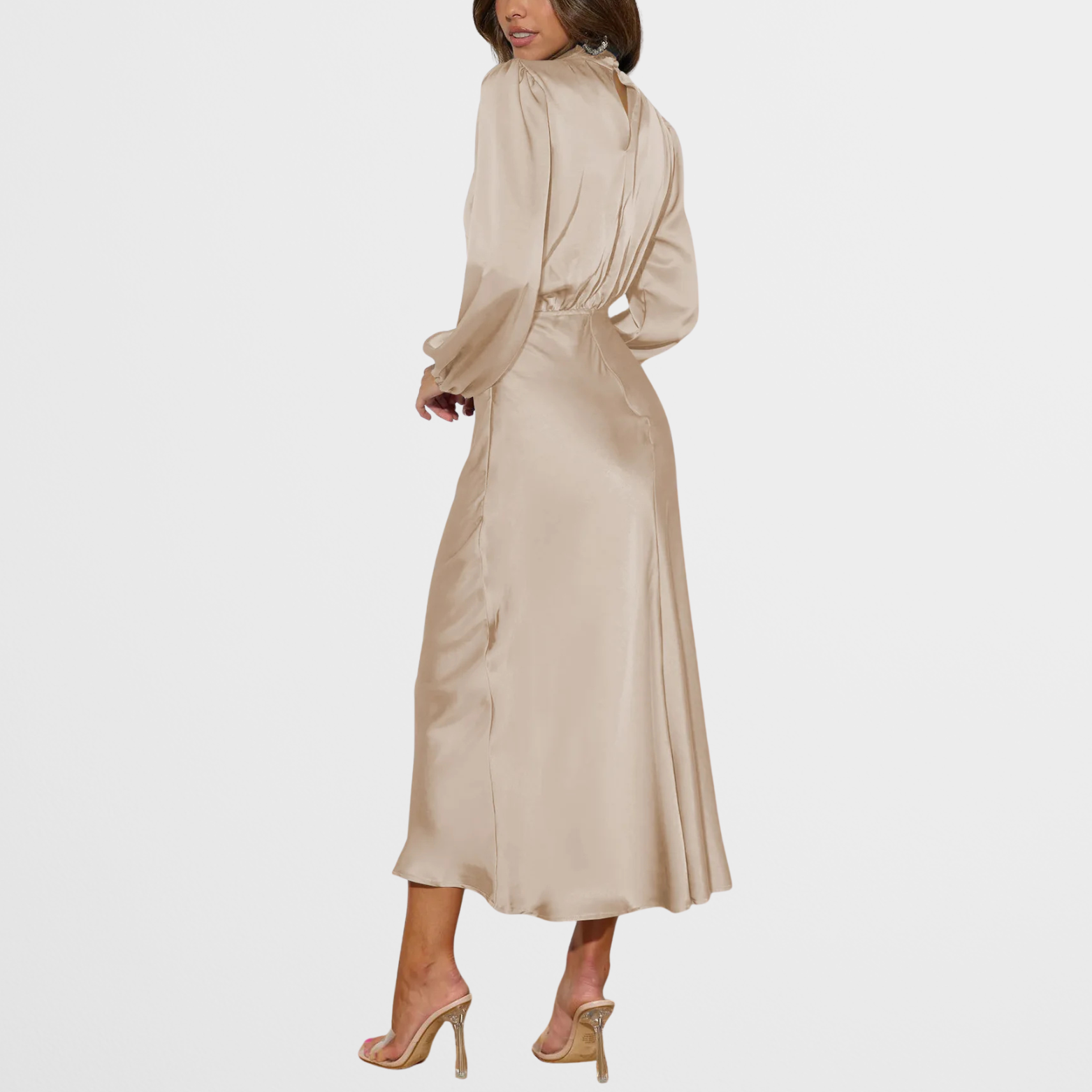 Elegant Midi Kjole med Høj Hals & Lange Ærmer i Satinlook | Perfekt til Festlige Lejligheder 2