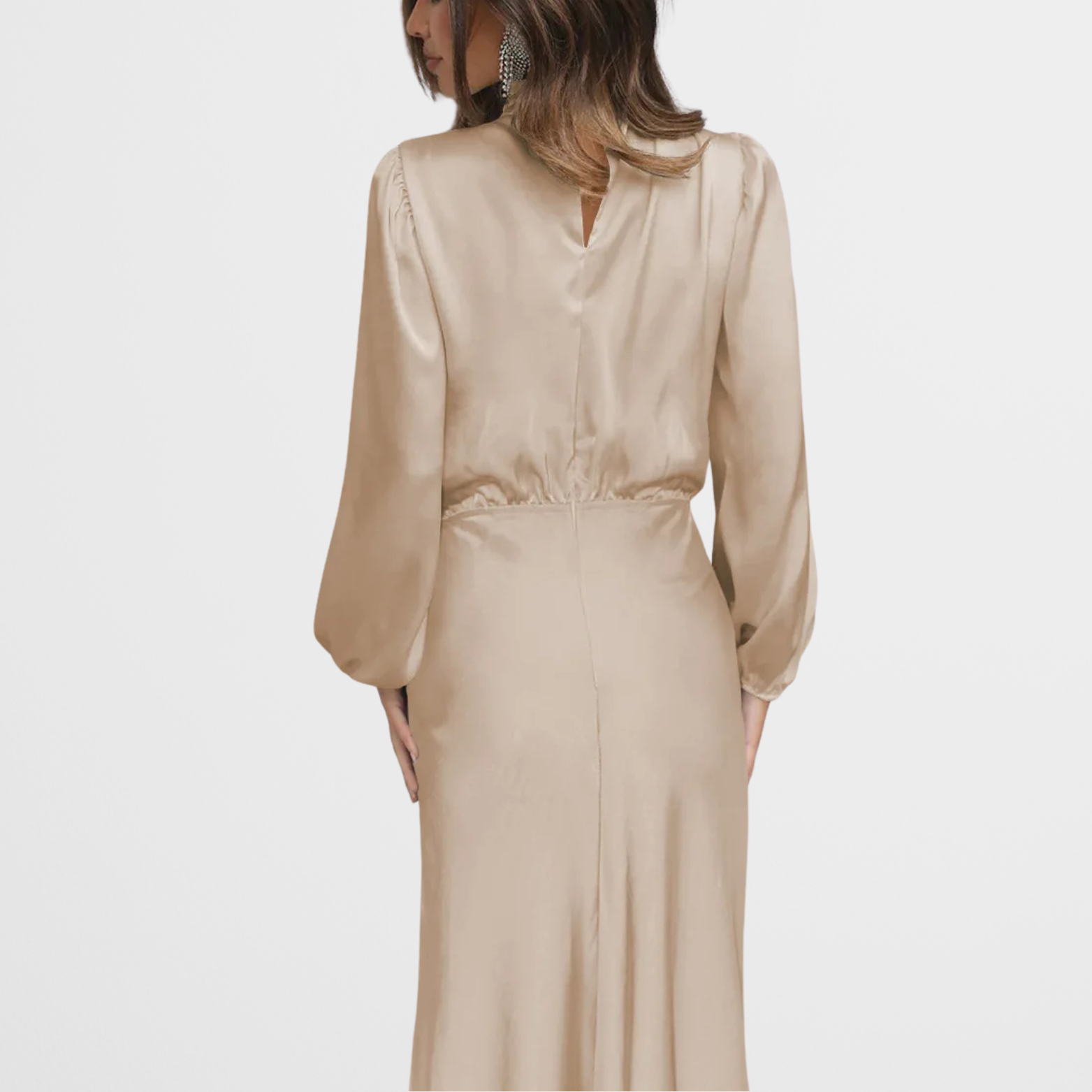 Elegant Midi Kjole med Høj Hals & Lange Ærmer i Satinlook | Perfekt til Festlige Lejligheder 4