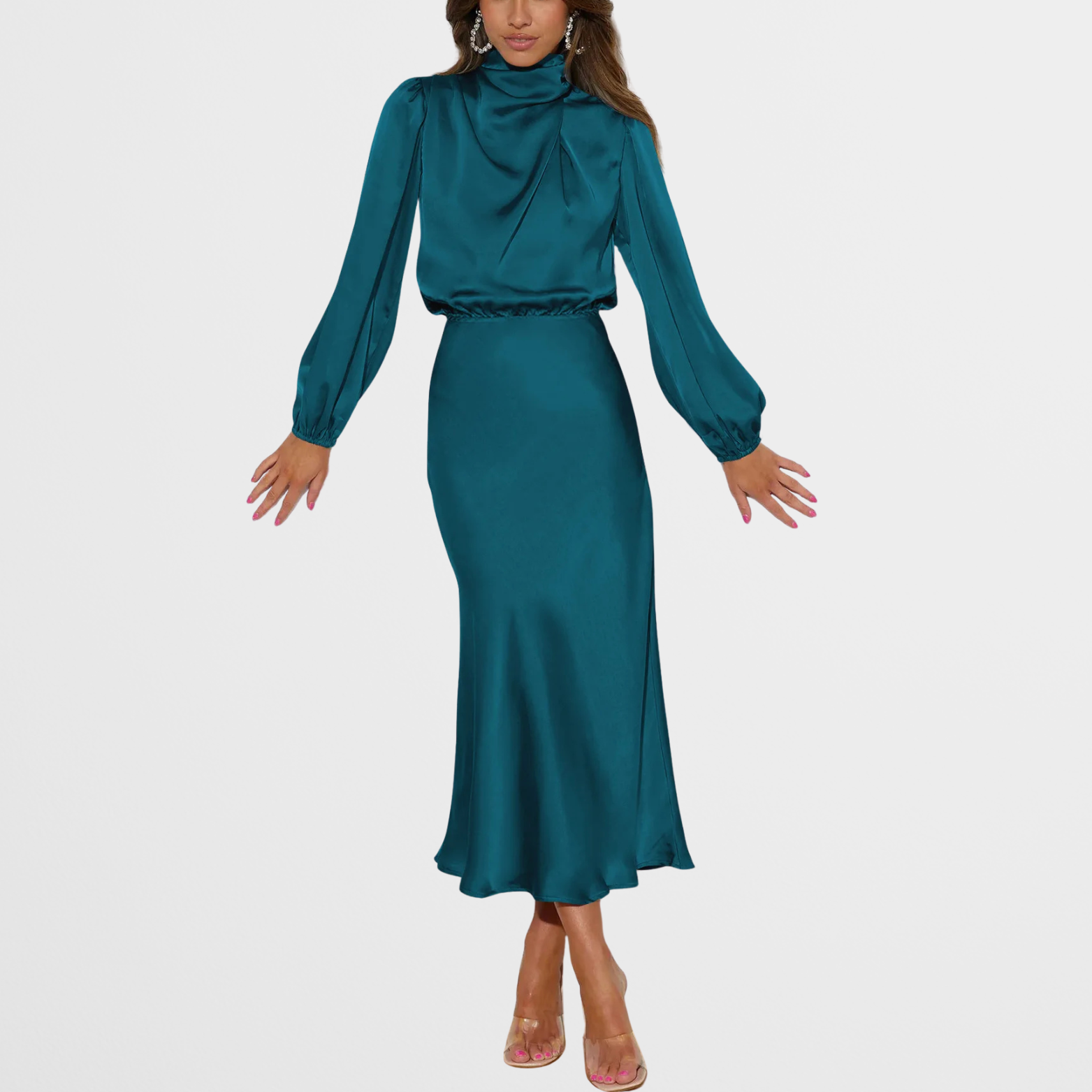 Elegant Midi Kjole med Høj Hals & Lange Ærmer i Satinlook | Perfekt til Festlige Lejligheder 13