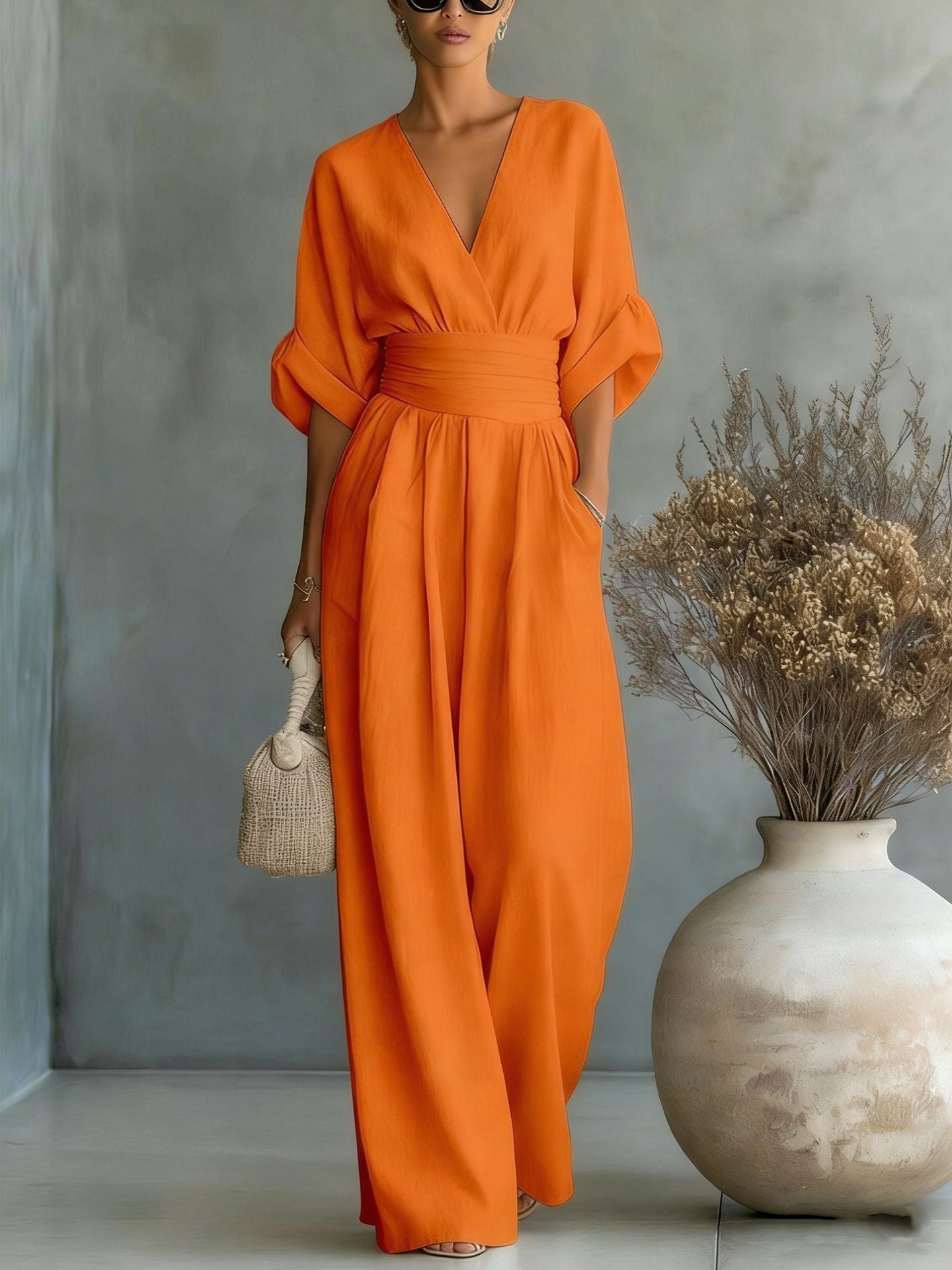 Wide-Leg Jumpsuit Women – V-Neck Cinched Waist Linen-Look Jumpsuit