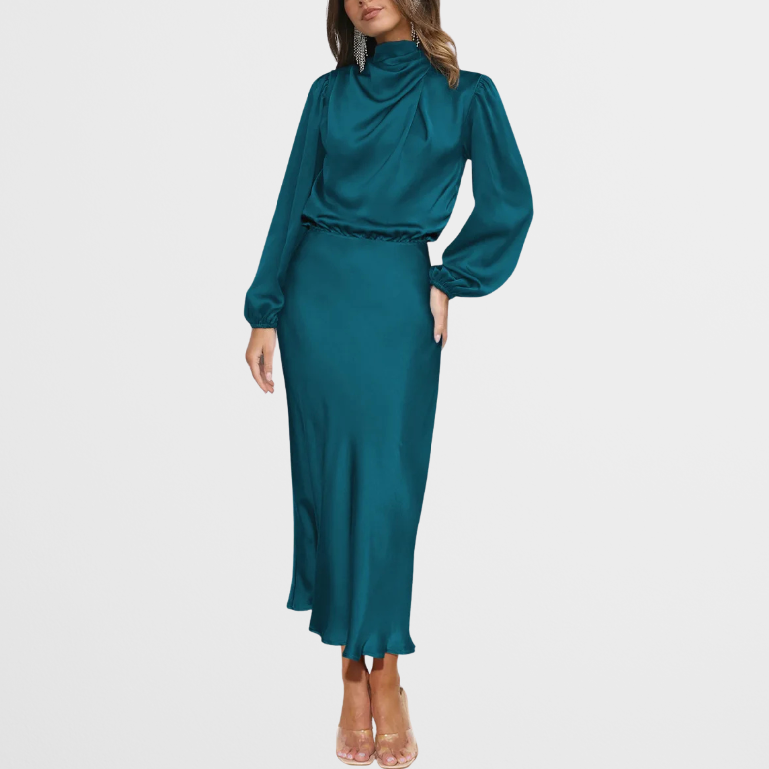 Elegant Midi Kjole med Høj Hals & Lange Ærmer i Satinlook | Perfekt til Festlige Lejligheder 16