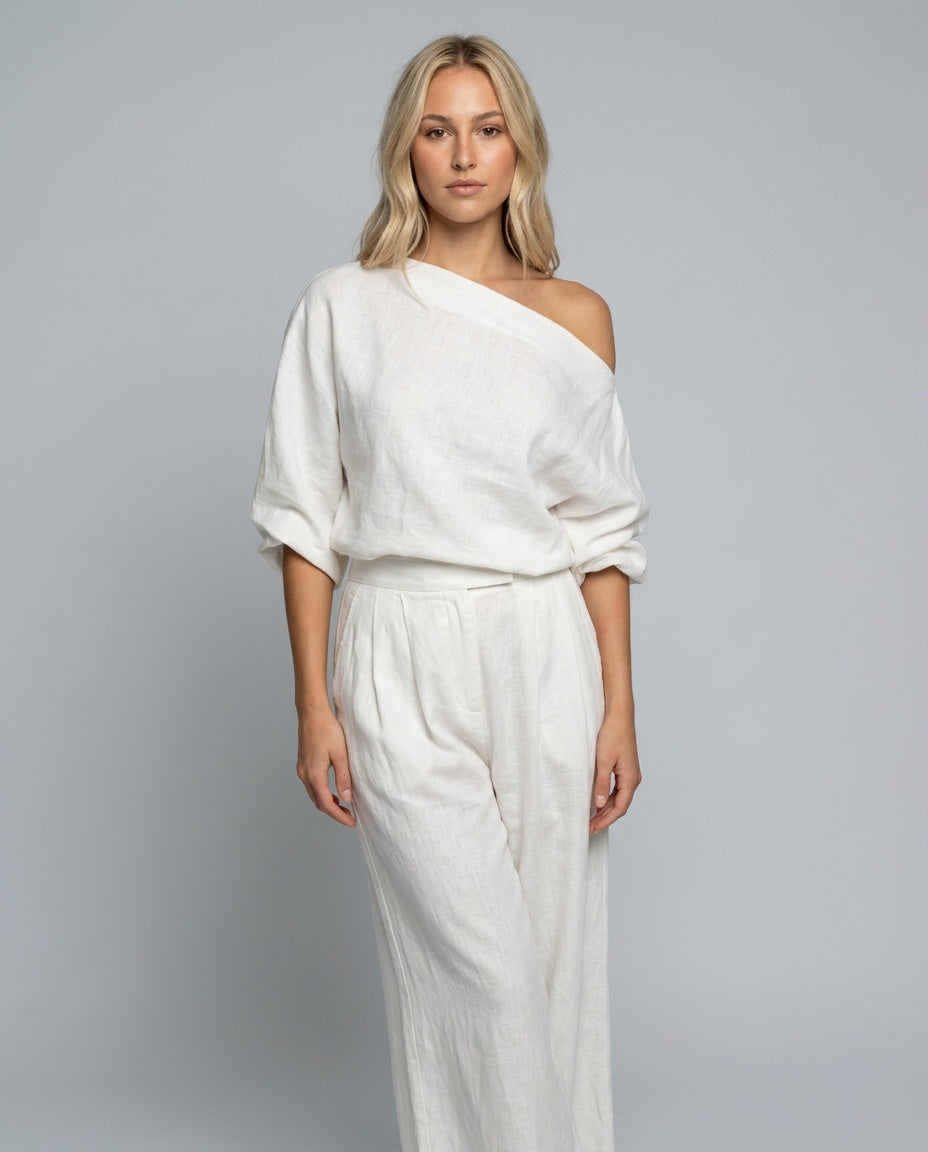 Sæt Dame One-Shoulder – Hørlook Top og A-formet Maxinederdel