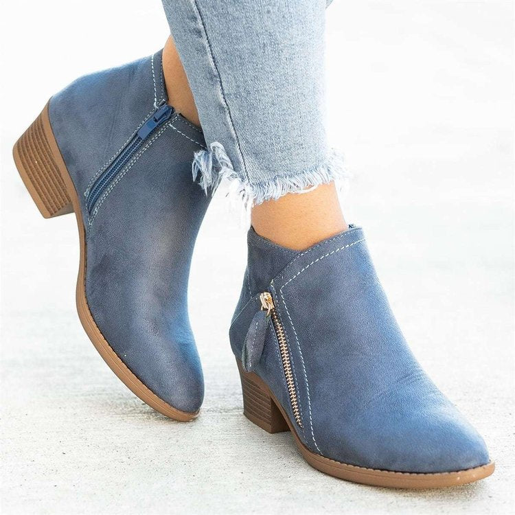 Elva Women's Suede Ankle Boots – Block Heel, Side Zip