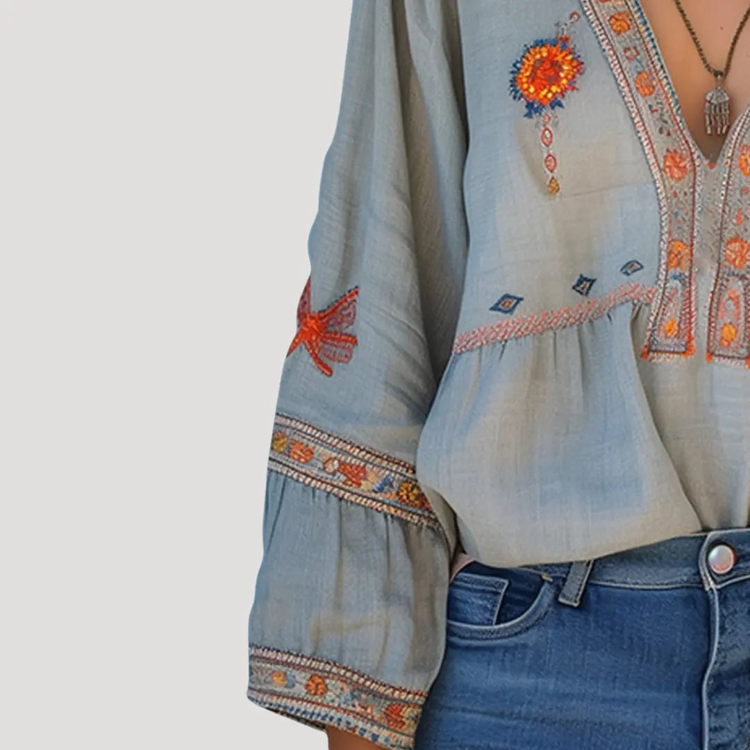 Ingrid Bluse Dame Boho Blomstret Broderi – V-udskæring til Sommer  Panorla