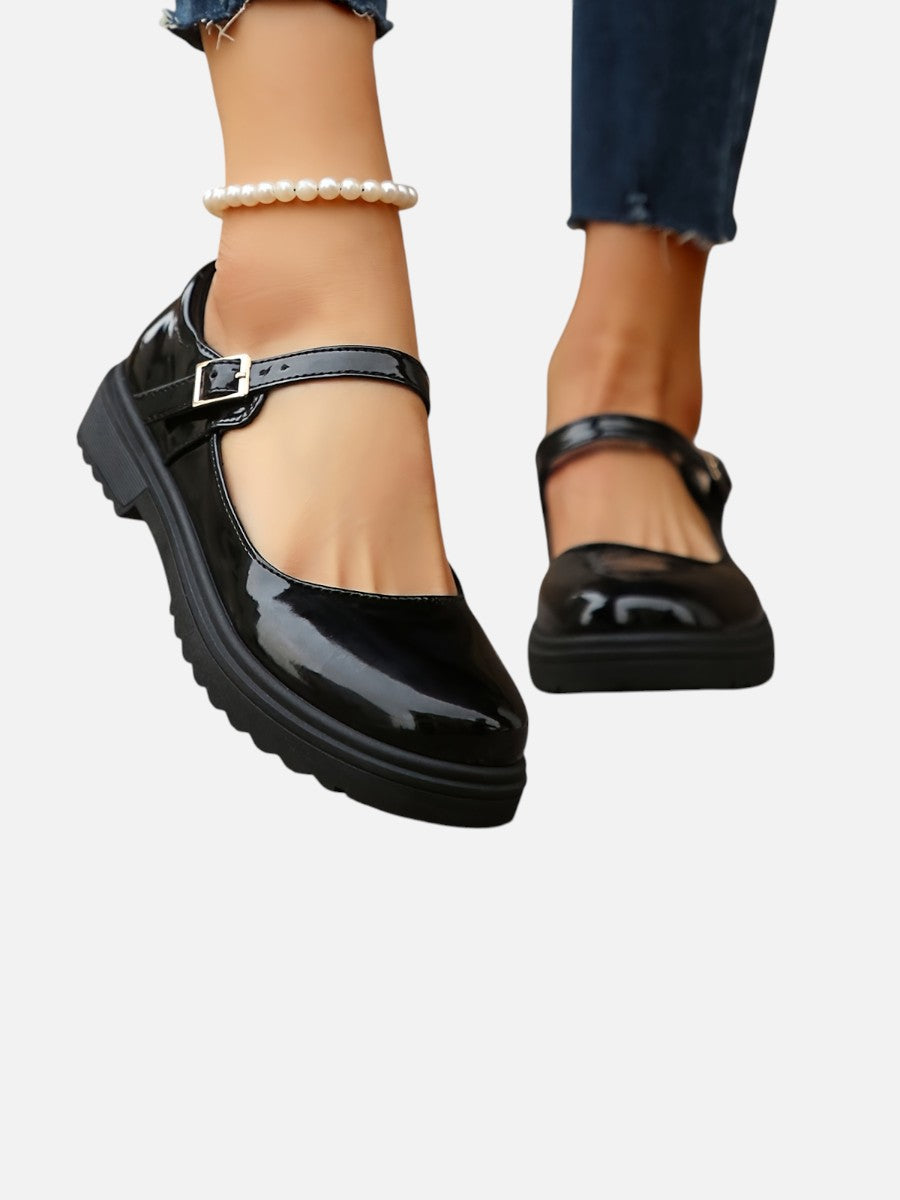 Mary Jane Loafers Women – Glossy Black Flats with Strap