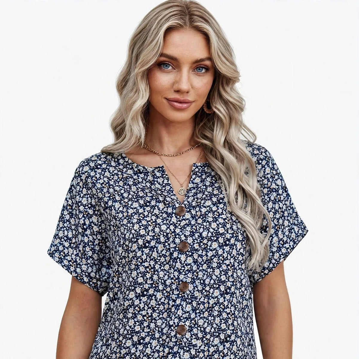 Blomstret Bluse Dame – Marineblå Kortærmet Sommerbluse