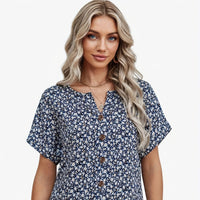 Blomstret Bluse Dame – Marineblå Kortærmet Sommerbluse