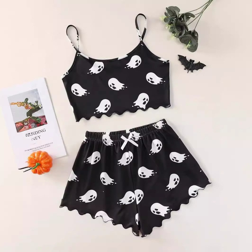 Halloween Pyjamas Dame Sæt – Græskar Print Nattøj med Cami og Shorts