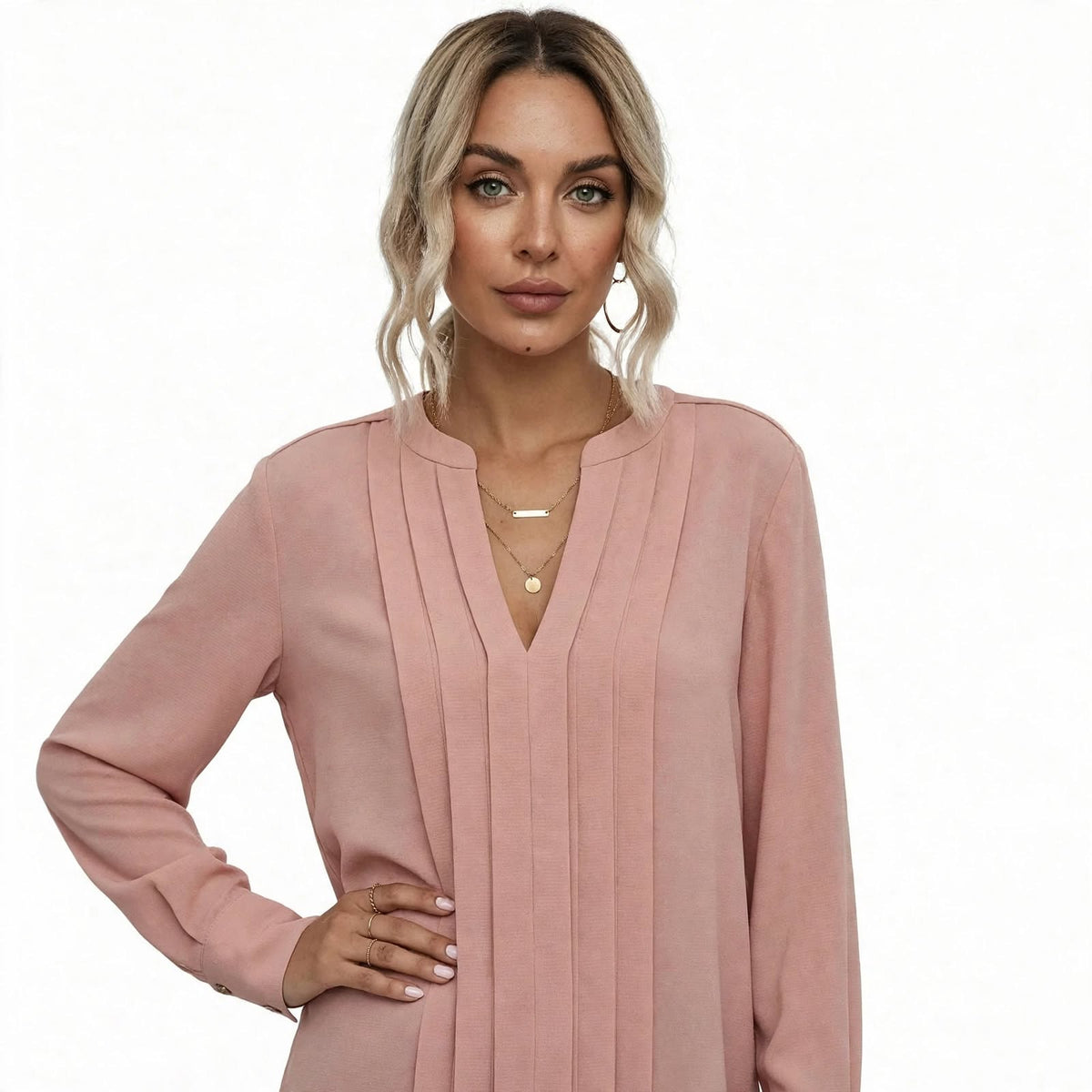 Plissébluse Dame – V-Hals Langærmet Kontorbluse