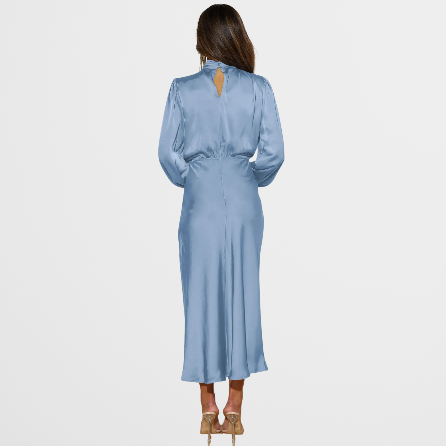 Elegant Midi Kjole med Høj Hals & Lange Ærmer i Satinlook | Perfekt til Festlige Lejligheder 12