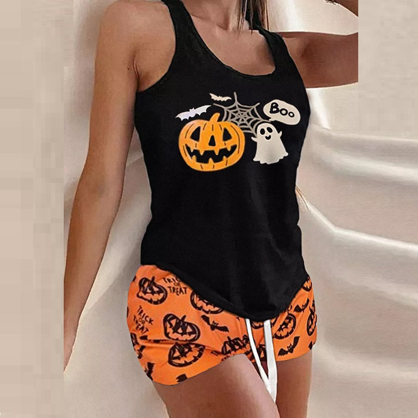 Halloween Pyjamas Dame Sæt – Græskar & Kranie Nattøj med Shorts