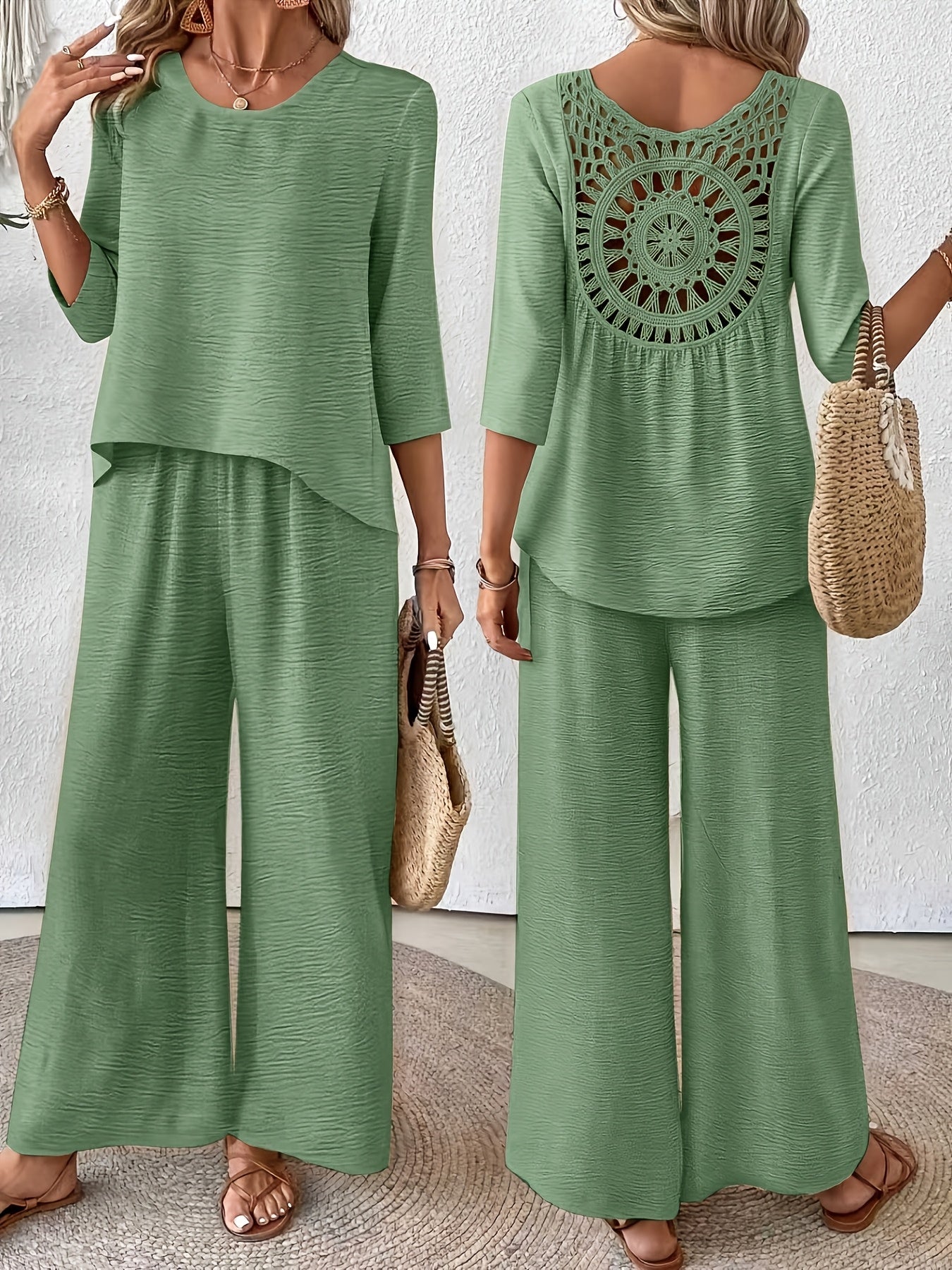 Two-Piece Set Women – 3/4 Sleeve Top & Wide-Leg Pants Vacation Set