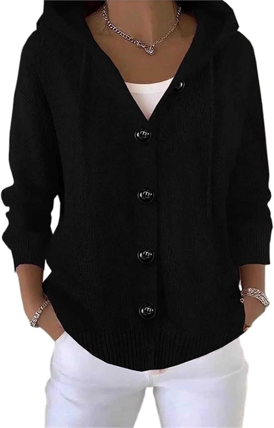 Women's Oversized Hooded Cardigan, Chunky Cable Knit Button Sweater Jacket, Cream Winter