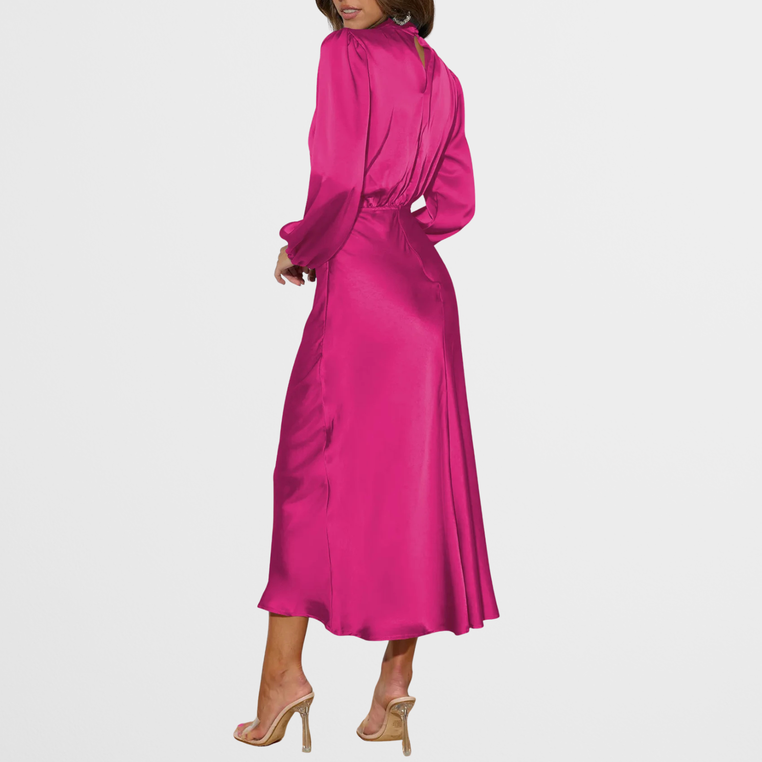 Elegant Midi Kjole med Høj Hals & Lange Ærmer i Satinlook | Perfekt til Festlige Lejligheder 8