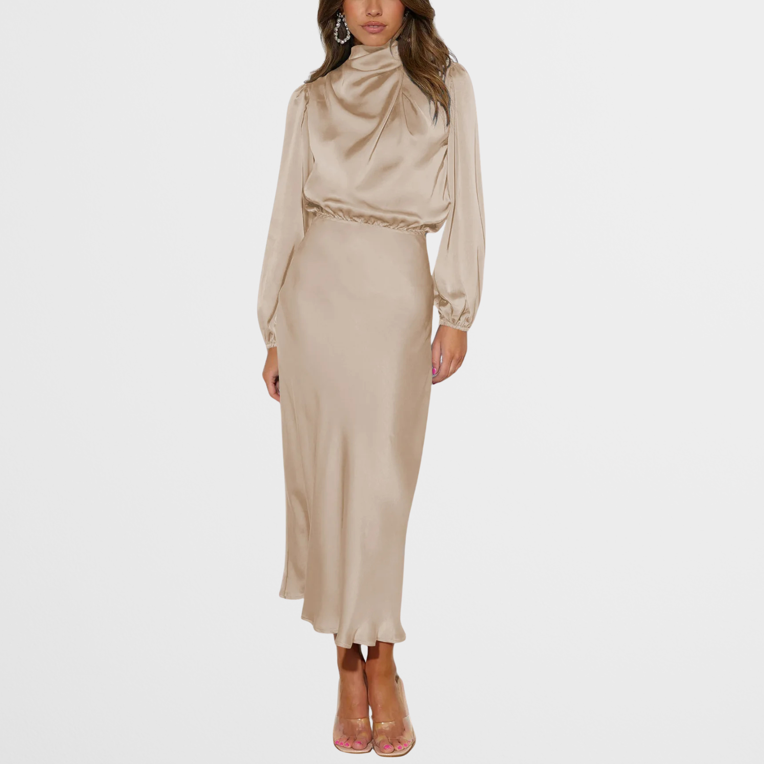Elegant Midi Kjole med Høj Hals & Lange Ærmer i Satinlook | Perfekt til Festlige Lejligheder 1
