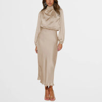 Satin Midi Dress Women – High Neck Long Sleeve Party Dress