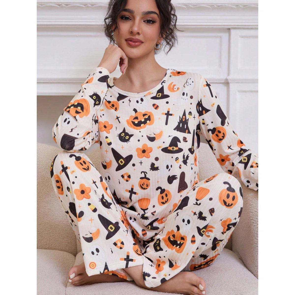 Halloween Pyjamas Dame Sæt – Langærmet Nattøj med Græskar og Spøgelser