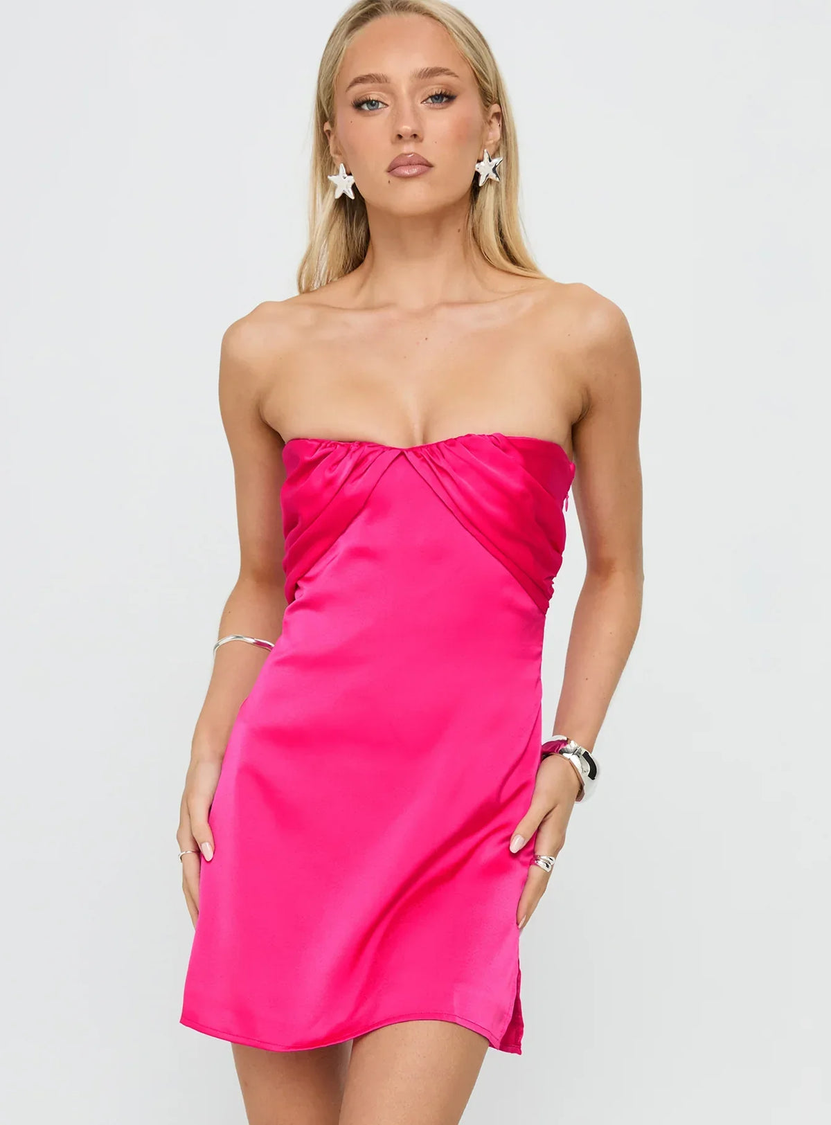 Satin Mini Dress Women Strapless – Pleated Cocktail Dress in Pink