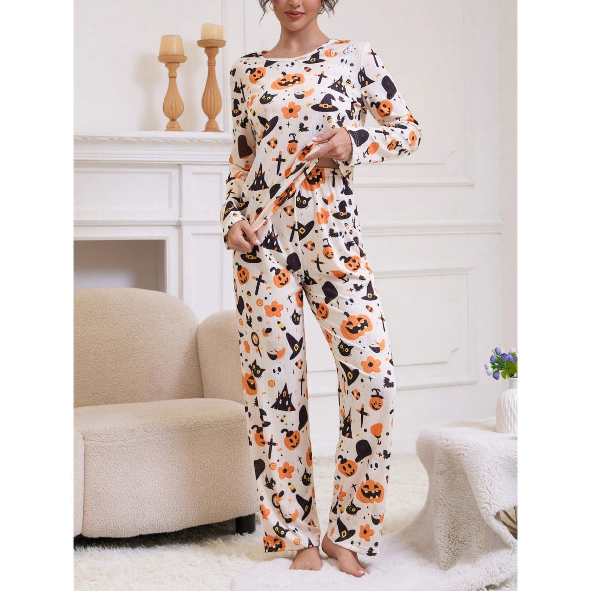 Halloween Pyjamas Dame Sæt – Langærmet Nattøj med Græskar og Spøgelser