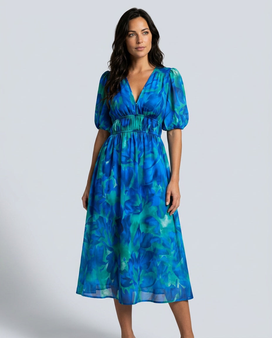 Puff Sleeve Midi Dress Women – V-Neck Pleated Abstract Dress