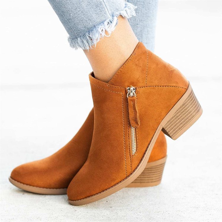 Elva Women's Suede Ankle Boots – Block Heel, Side Zip