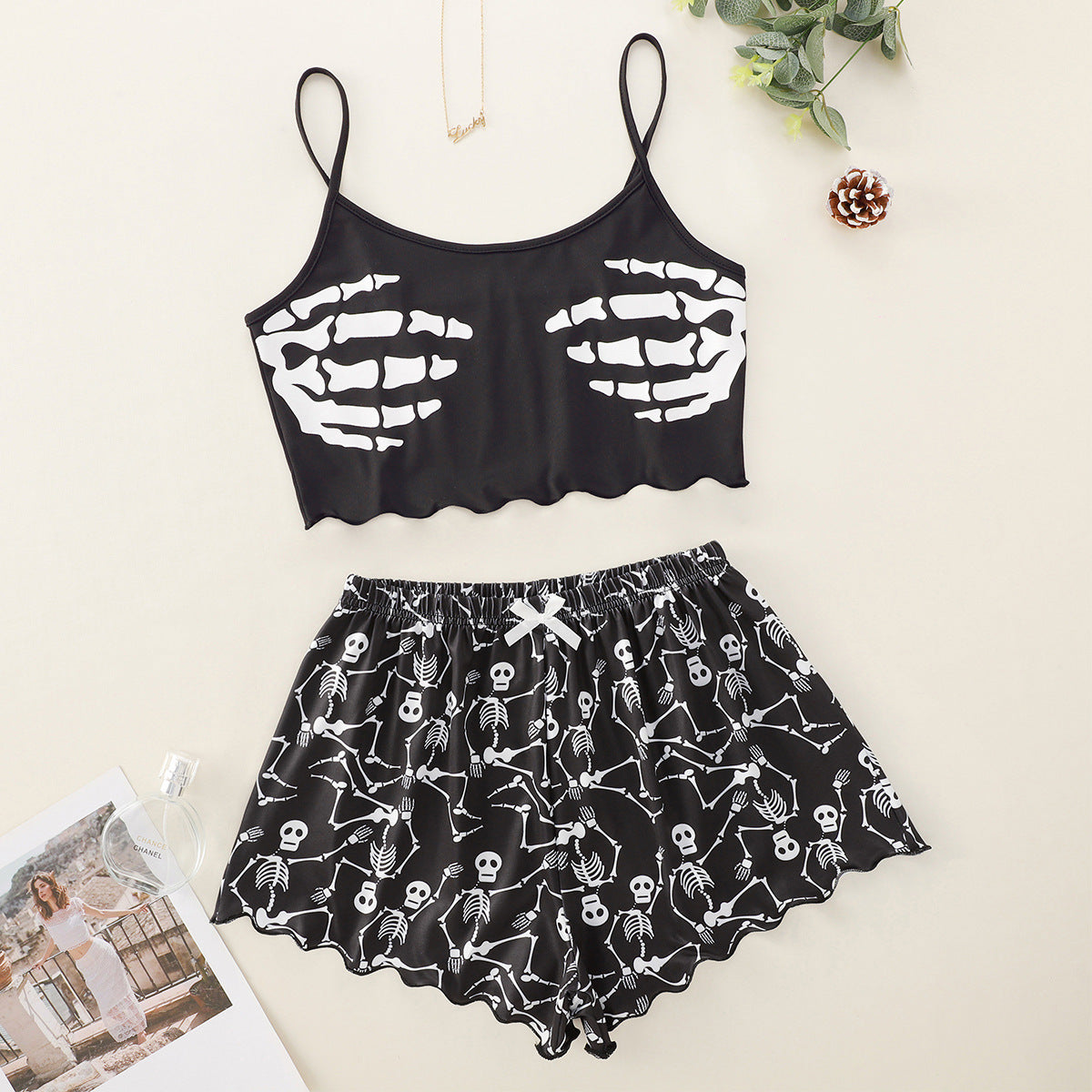 Halloween Pyjamas Dame Sæt – Græskar Print Nattøj med Cami og Shorts