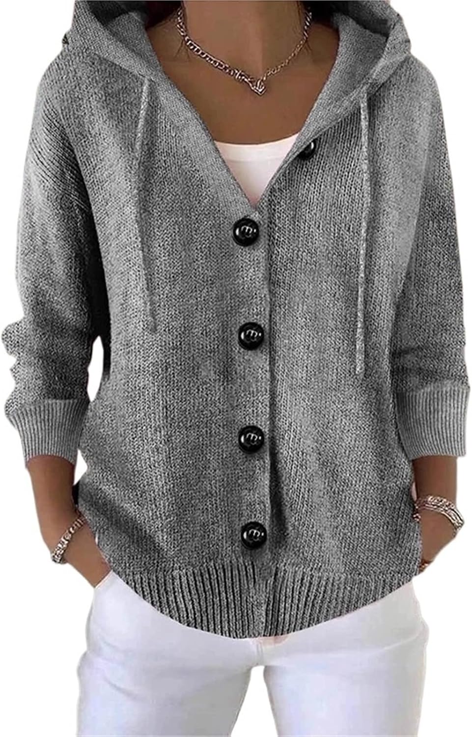 Women's Oversized Hooded Cardigan, Chunky Cable Knit Button Sweater Jacket, Cream Winter