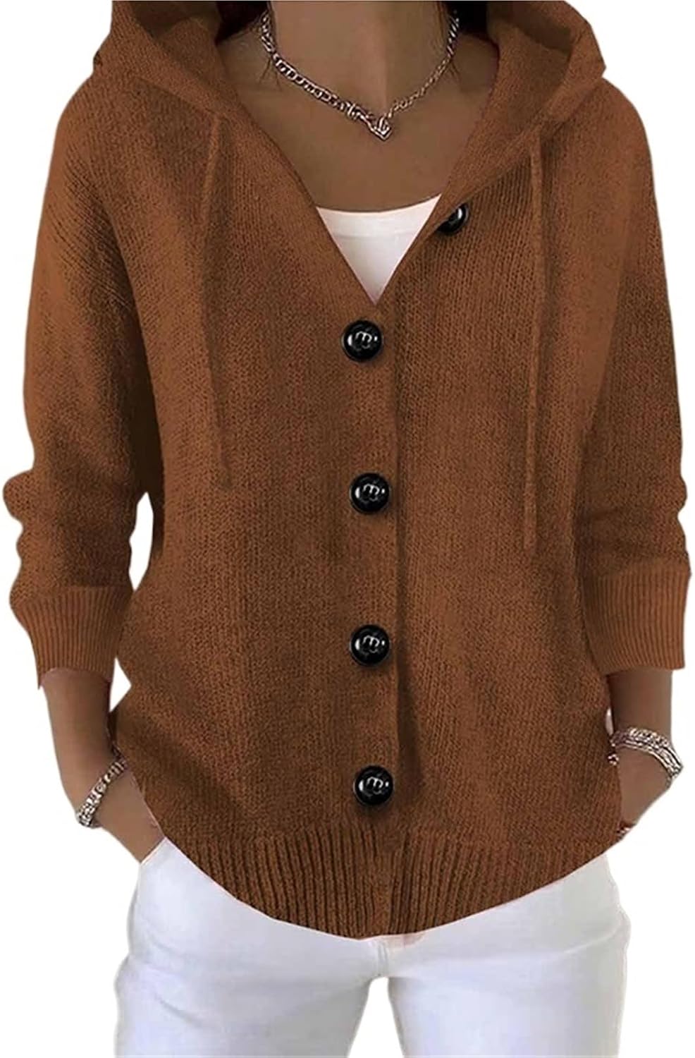 Women's Oversized Hooded Cardigan, Chunky Cable Knit Button Sweater Jacket, Cream Winter